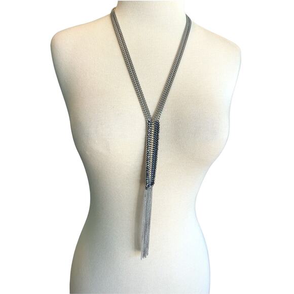 Stella & Dot Tessa Fringe Necklace Lariat Silvertone Blue Steel Chain - Picture 1 of 12